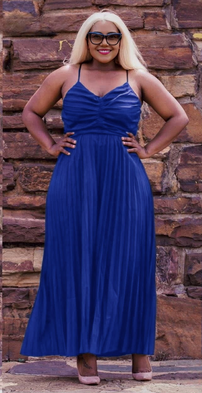 Pleated maxi dress with ruched sweetheart bodice, spaghetti straps, dark blue