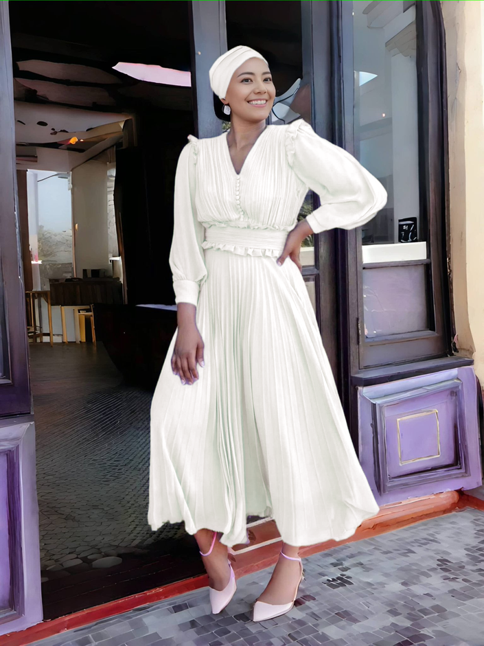 Pleated midi dress with ruffle trim, white long puff sleeves and belted waist