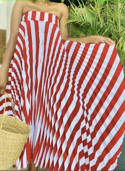 Off-shoulder pleated midi dress with red-and-white striped wave pattern