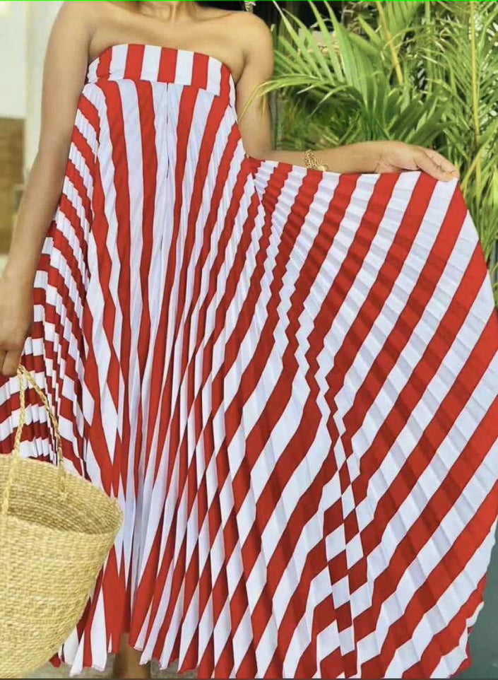 Off-shoulder pleated midi dress with red-and-white striped wave pattern