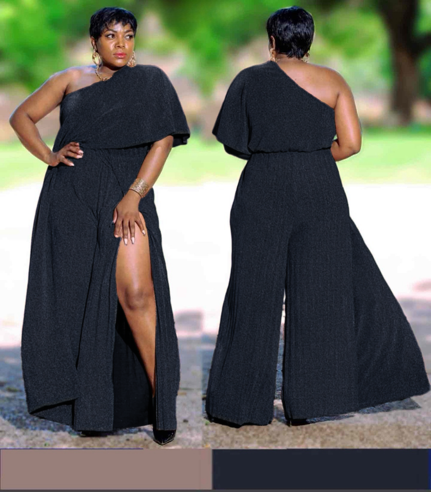 Black one-shoulder pleated jumpsuit with wide legs and high slit