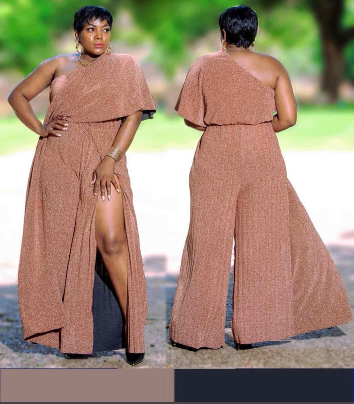 One-Shoulder Pleated Jumpsuit with High Slit