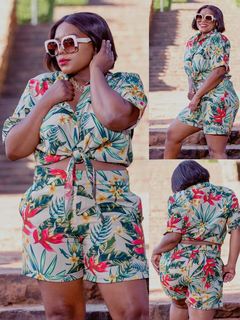 Floral tie-front shirt and high-waist shorts set in multicolor leaf print