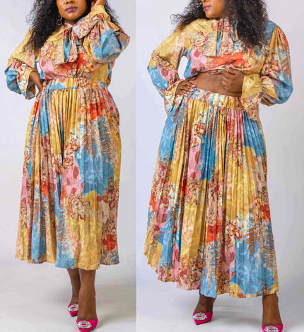 Floral Patterned Blouse with Voluminous Sleeves and Pleated Skirt Set