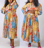 Floral pleated skirt with puff-sleeve top, multicolor print, gathered waist