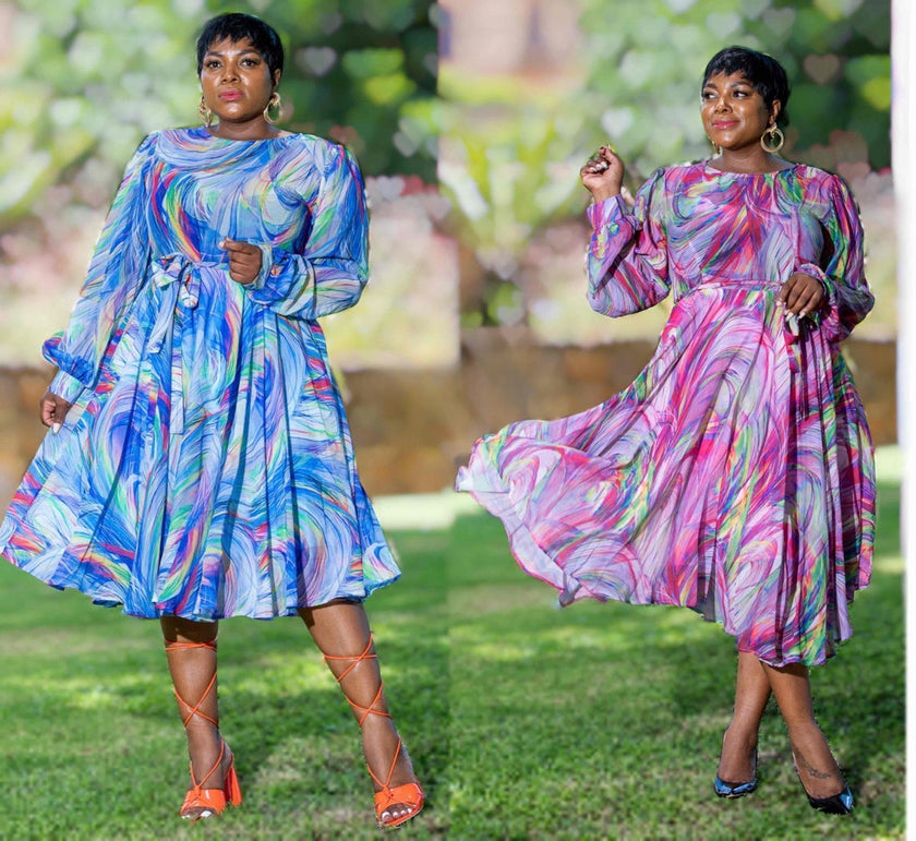 Colorful swirl midi dress with long sleeves and cinched waist, flared skirt