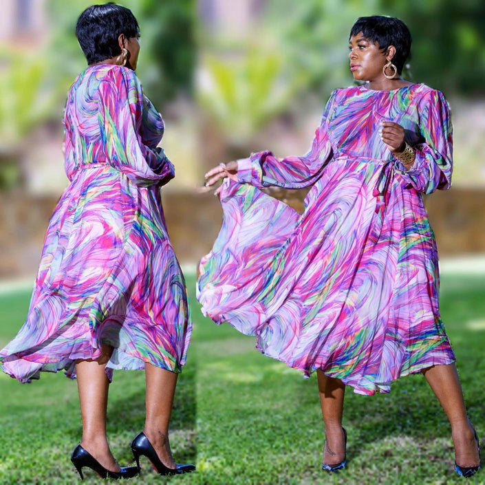 Abstract Swirl Pattern Long Sleeve Cinched Waist Midi Dress