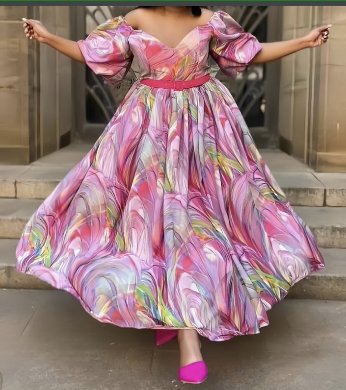 Elegant Full-Length Gown with Puffed Sleeves and Voluminous Skirt