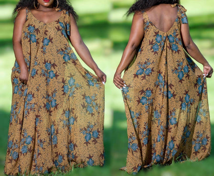 Sleeveless Maxi Dress with Large Floral Print and Scoop Neck Back Gather Detail