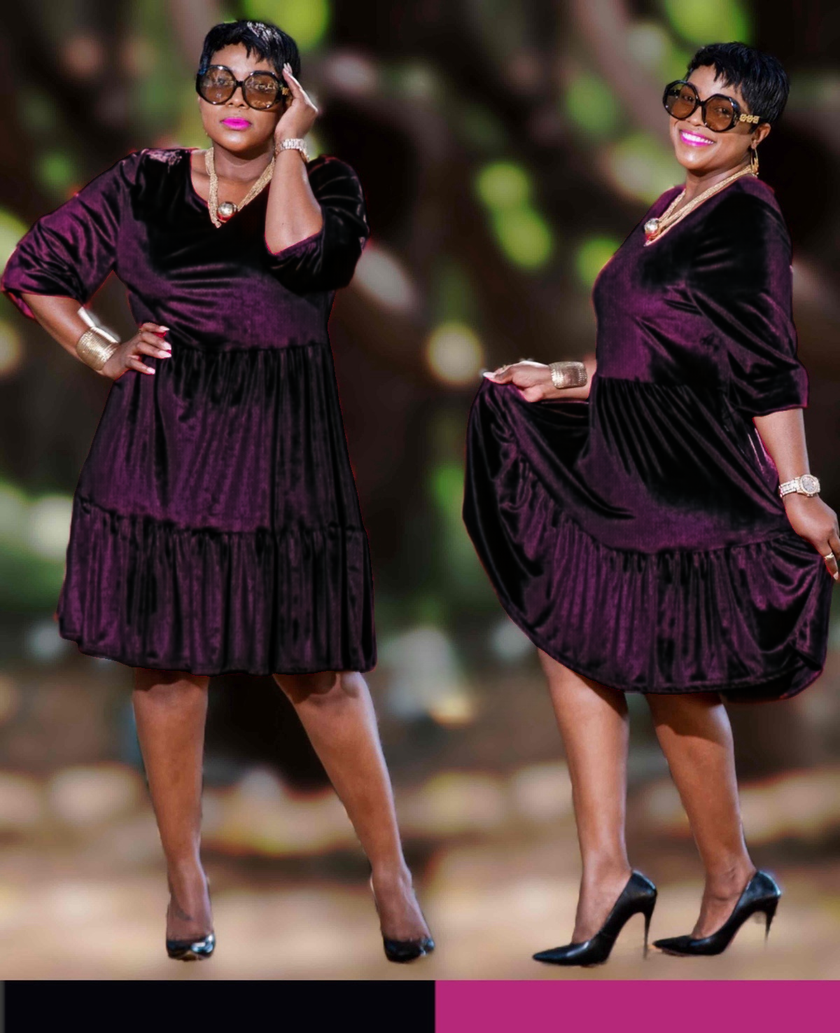 Plum velvet-look midi dress with gathered waist and three-quarter sleeves, tiered hem