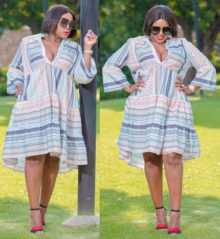 Plus size ethnic midi dress, V-neck, flared sleeves, blue and white print