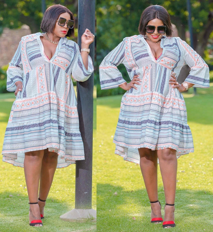 Plus size ethnic midi dress, V-neck, flared sleeves, blue and white print