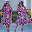Modern Geometric Print Midi Dress with Bishop Sleeves and Pleated Skirt