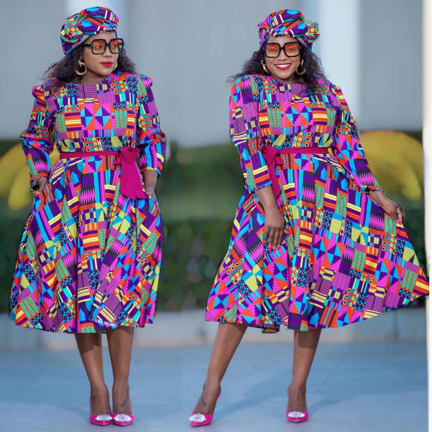 Modern Geometric Print Midi Dress with Bishop Sleeves and Pleated Skirt