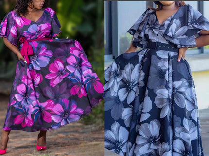 Floral maxi dress with puff sleeves, V-neck, and waist tie belt, shown in blue and pink