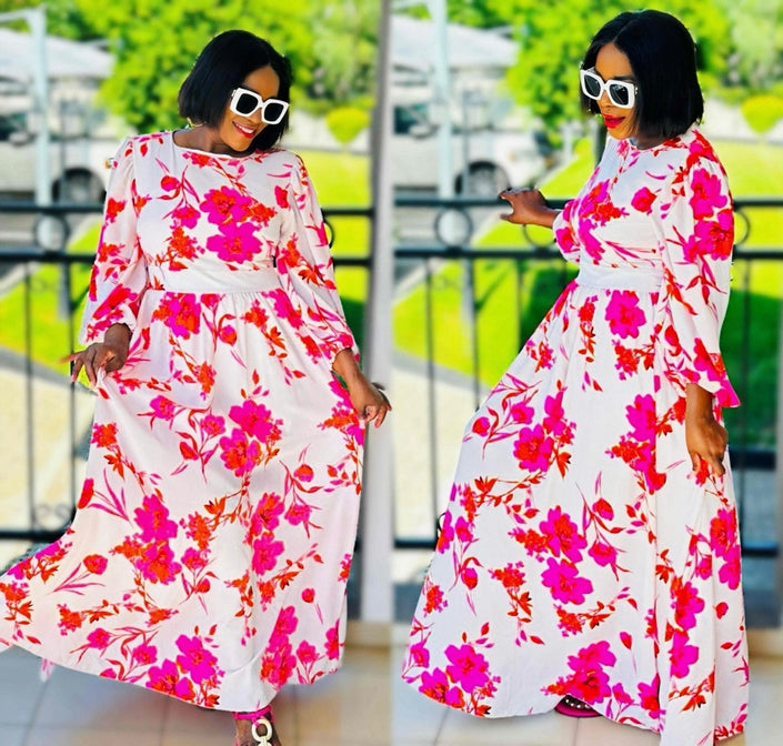 Floral maxi dress with puff sleeves, pink and red flowers on white, full-length skirt