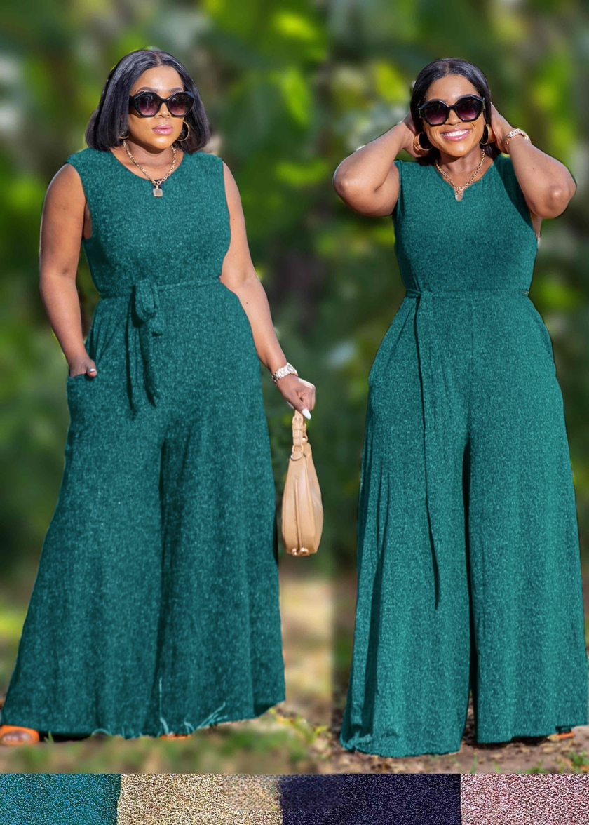 Sleeveless glitter jumpsuit with waist tie and wide legs in dark teal