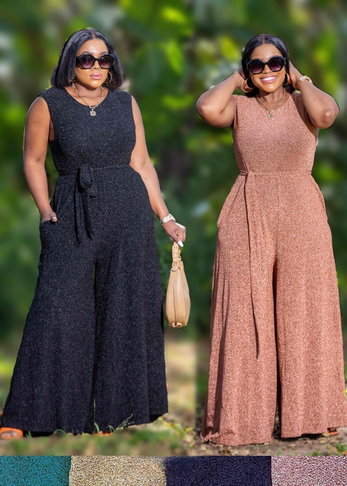 Sleeveless glitter jumpsuit with waist tie and wide legs in dark and rose tones