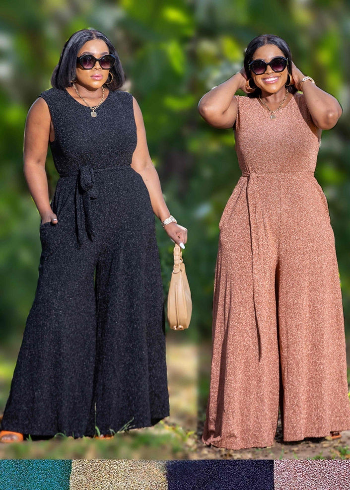 Sleeveless glitter jumpsuit with waist tie and wide legs in dark and rose tones