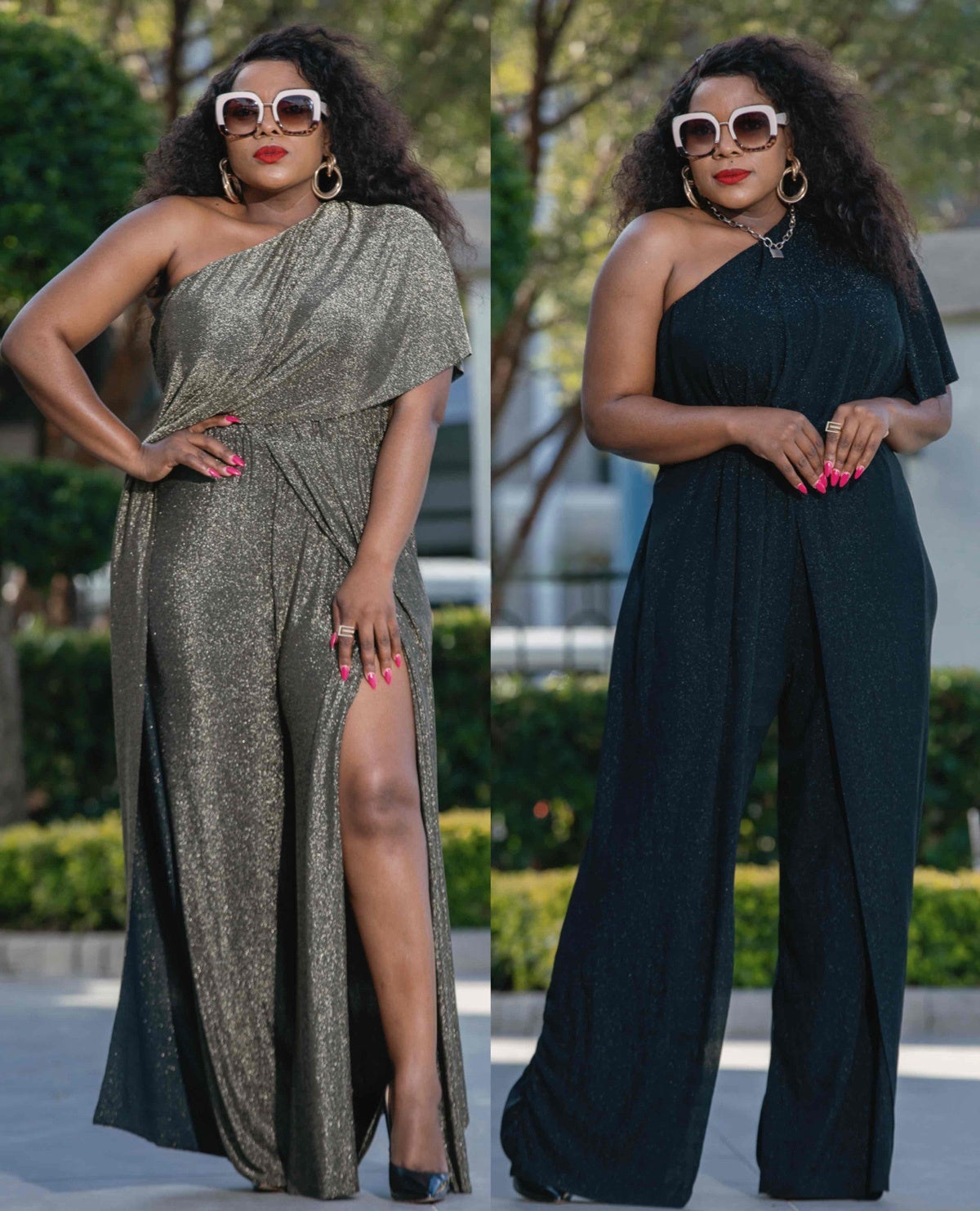 One-Shoulder Glitter Draped Dress & Off-Shoulder Fitted Bodice Jumpsuit