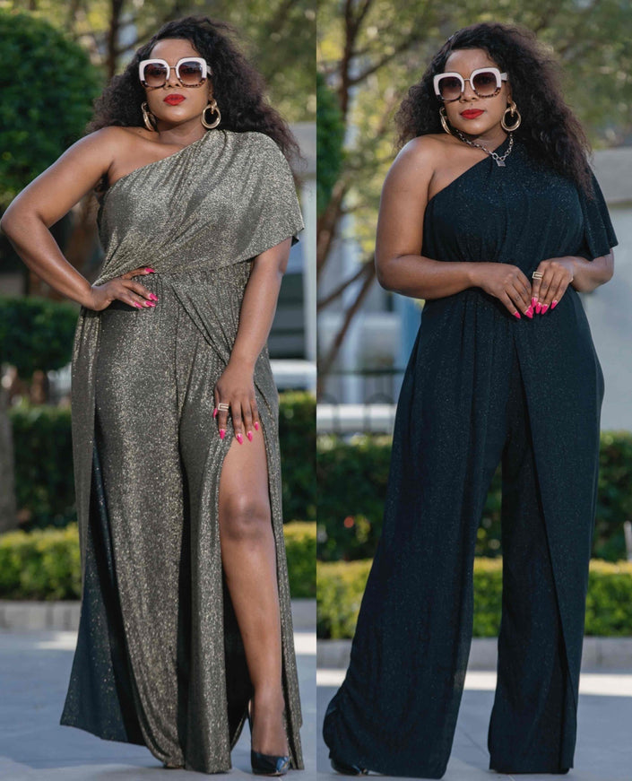One-Shoulder Glitter Draped Dress & Off-Shoulder Fitted Bodice Jumpsuit