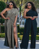 One-Shoulder Glitter Draped Dress & Off-Shoulder Fitted Bodice Jumpsuit