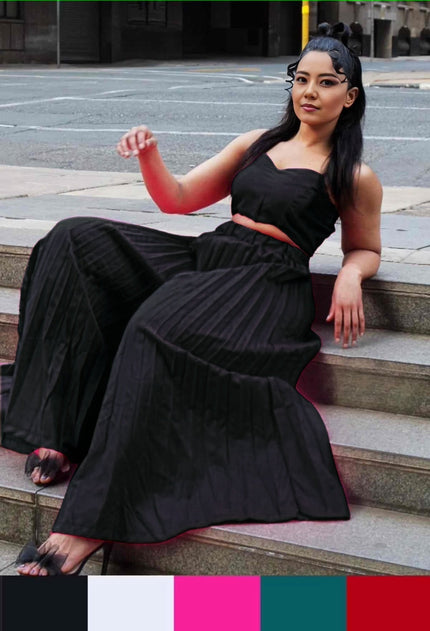 Black square-neck pleated top with matching tiered skirt