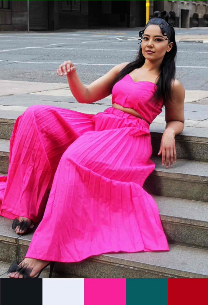 Hot-pink square-neck pleated top with matching tiered skirt