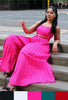 Hot-pink square-neck pleated top with matching tiered skirt