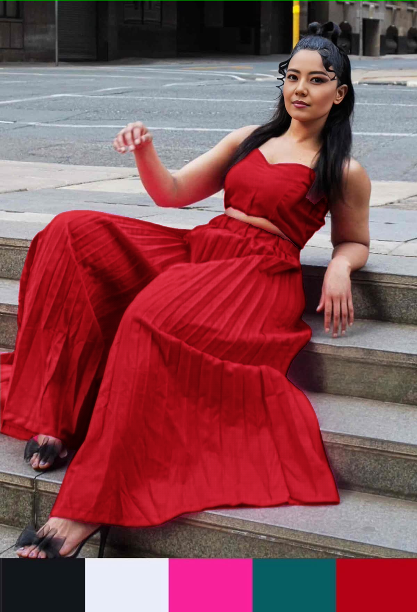 Red square-neck pleated top with matching tiered skirt