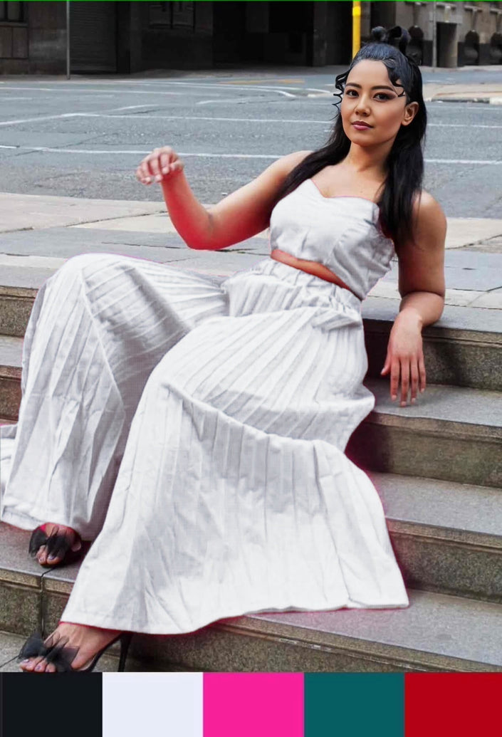 White square-neck pleated top with matching tiered skirt