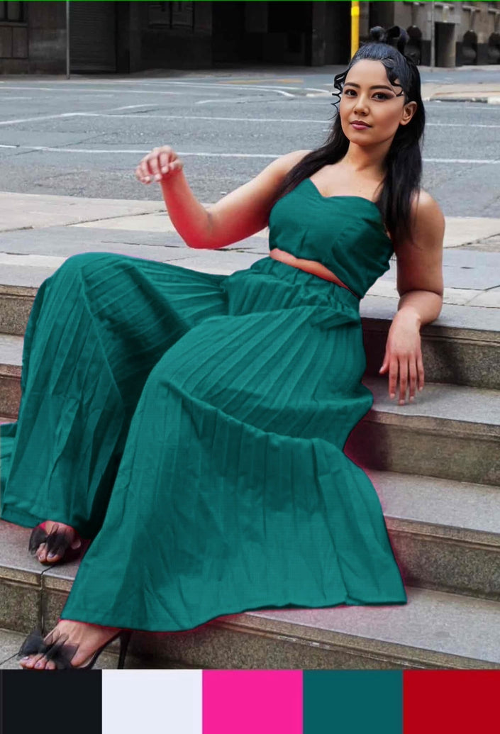 Dark-cyan square-neck pleated top with matching tiered skirt