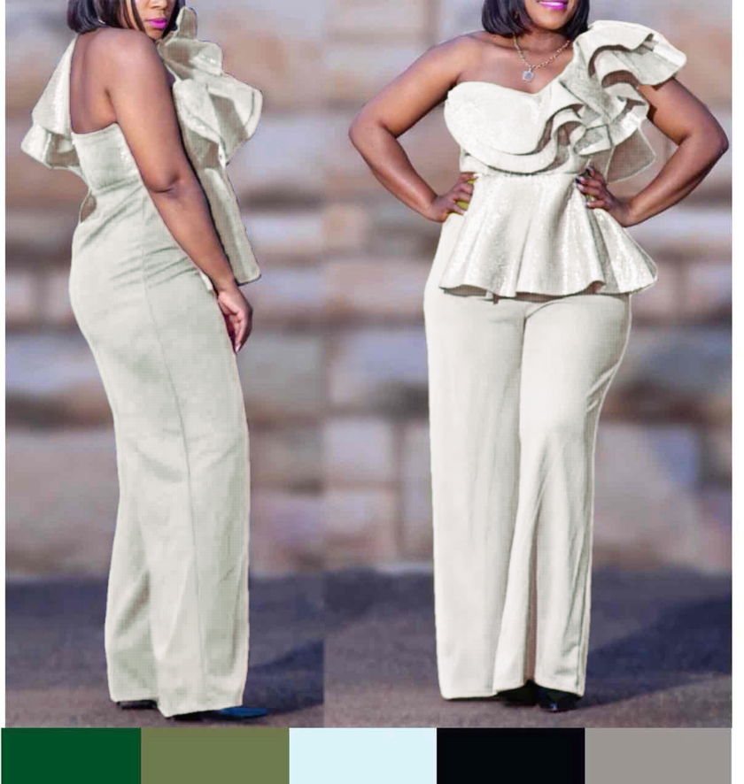 One-shoulder ruffle jumpsuit in white with layered shoulder peplum and wide-leg trousers.