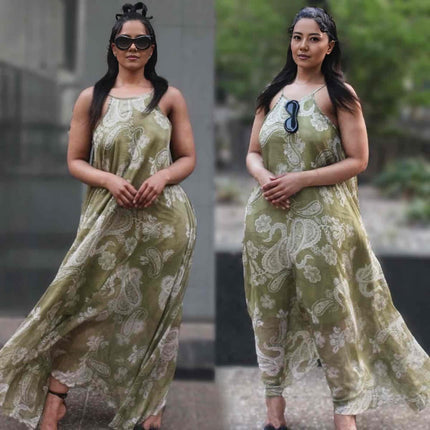 Sleeveless paisley maxi dress in olive green with ornate floral print and halter neckline