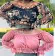 Pink sheer blouse with ruffle trim and voluminous puff sleeves