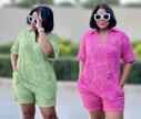 Printed shirt and shorts set, pink with white floral line pattern