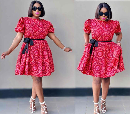 Floral Print Flared Dress with Cinched Waist and Short Sleeves
