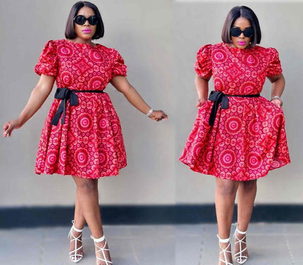 Red floral mini dress with puff sleeves and black belt, flared skirt