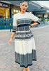 Geometric Stripe Patterned Midi Dress with Three-Quarter Sleeves