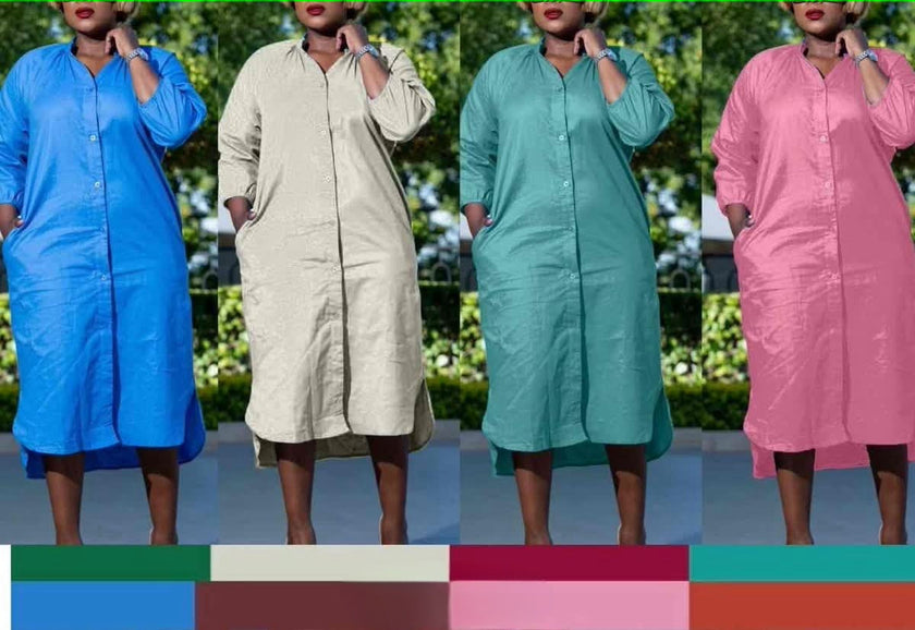 Midi shirt dress, button-front with short sleeves and midi length; pink, teal, blue, beige