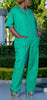 Turquoise V-neck button-front loose jumpsuit with short sleeves and side pockets