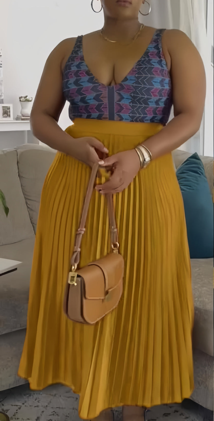 Goldenrod pleated midi skirt with stretch waistband