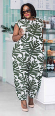Leaf print jumpsuit, sleeveless, V-neck, tapered leg, green and white.