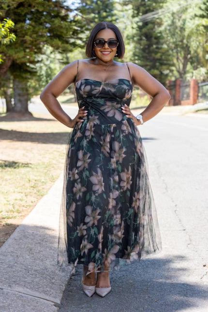 Floral maxi dress with sheer tulle skirt, spaghetti straps, dark green base