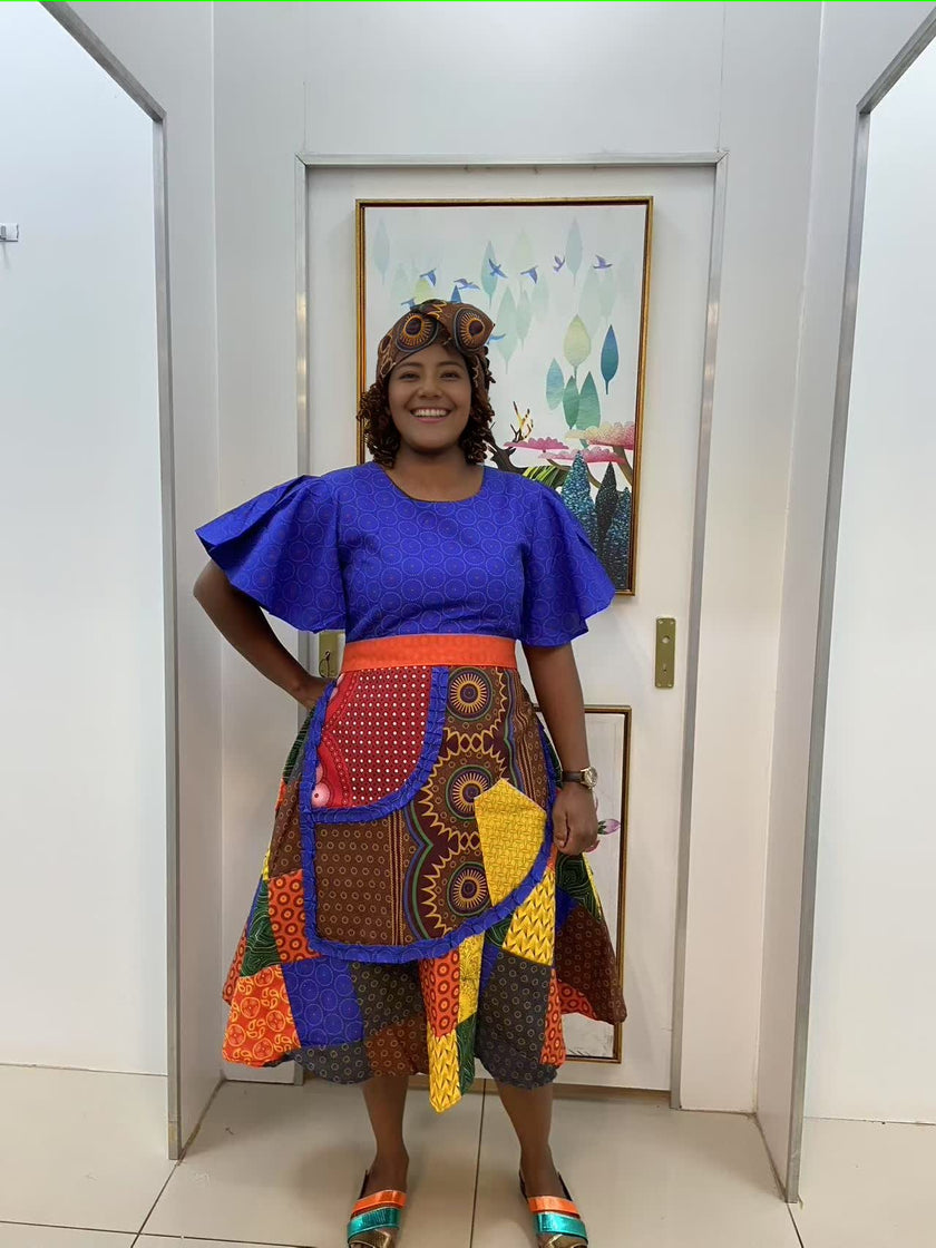 African Style Patchwork Pattern Dress with Unique Sleeve Design