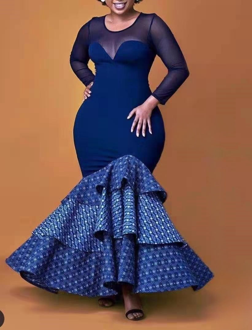 Sheer Sleeve Sweetheart Neckline Bodice with Patterned Ruffle Flare Skirt Traditional Dress