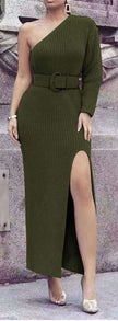 One-shoulder knit maxi dress in green with belt and high side slit