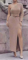 One-shoulder knit maxi dress in khaki with belt and high side slit