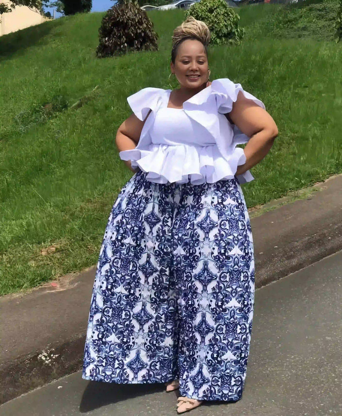 Ornate blue-and-white patterned wide-leg pants