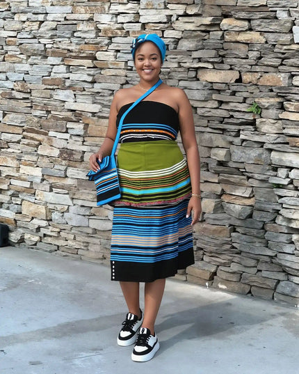 Striped wrap skirt set with blue, green, and yellow layers, midi length skirt